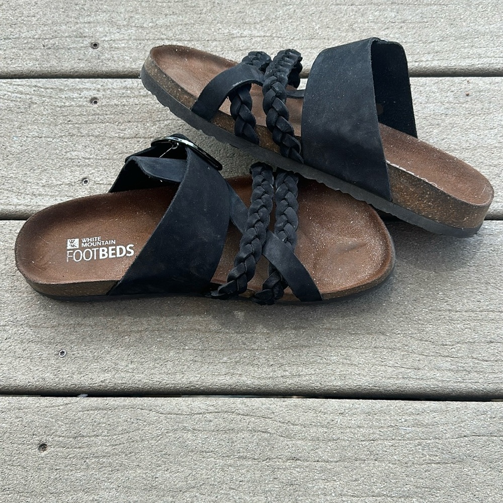 White Mountain Black Braided Strap Slide Sandals